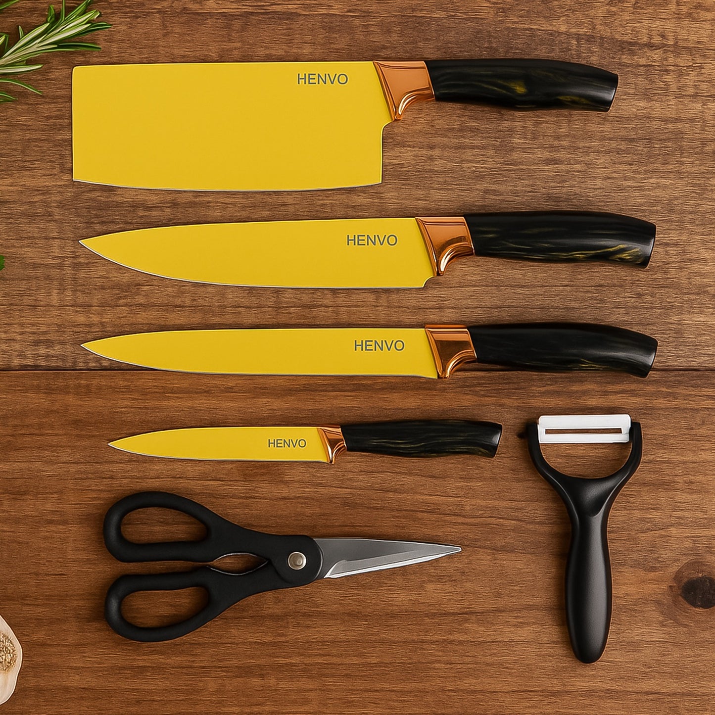 Wukusy 6-piece professional kitchen knife set including chef knives, cleaver, peeler, and scissors on a countertop.