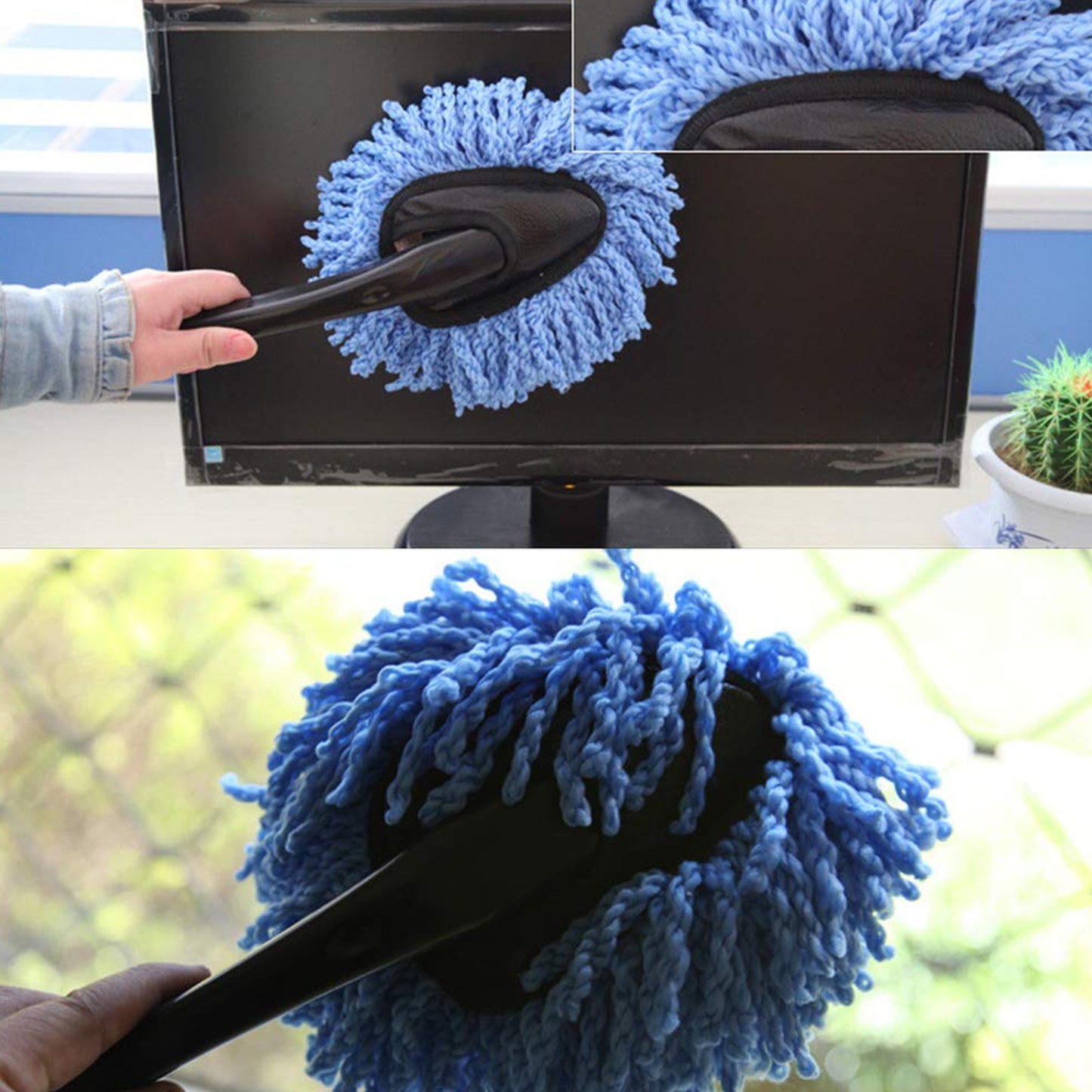 Wukusy 4098 car wash cleaning brush with microfiber dusting head for cleaning car windows, glass, and exterior surfaces.