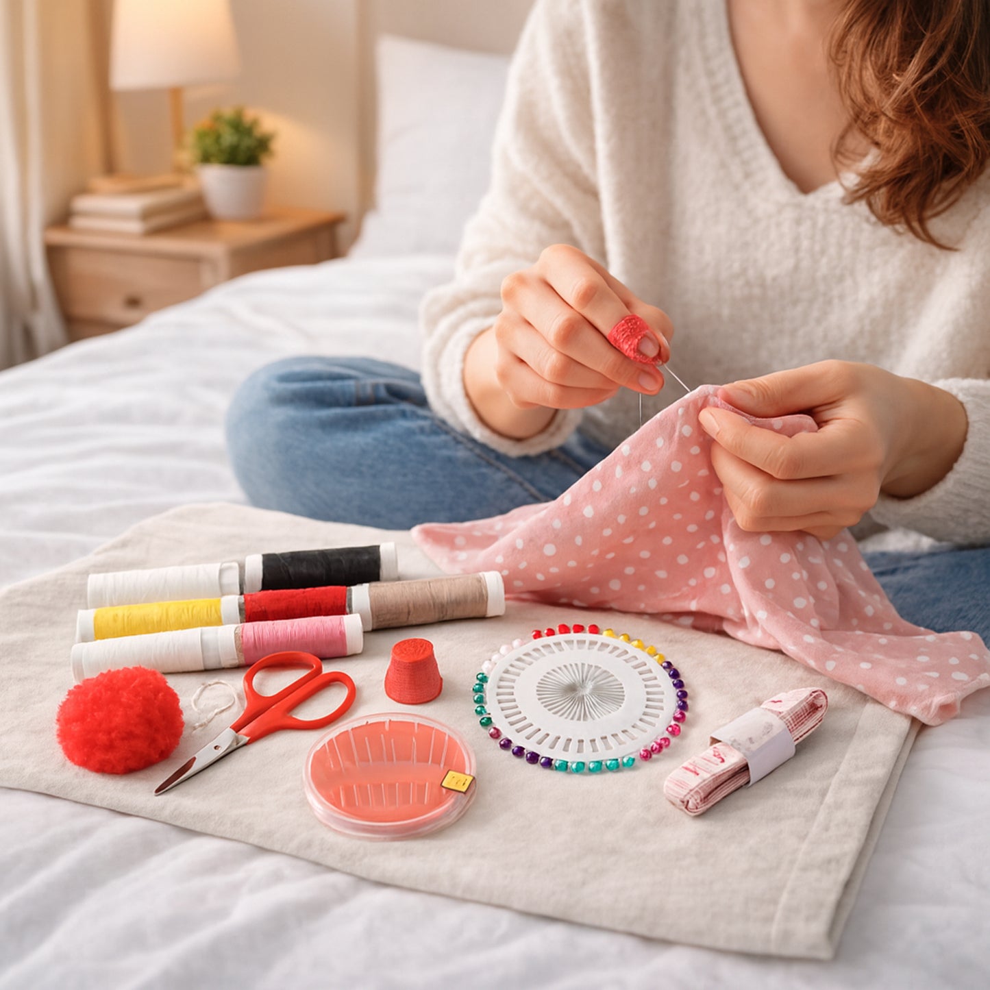 Wukusy complete sewing stitching kit with various needles, threads, and tools for fabric repair and crafting projects.
