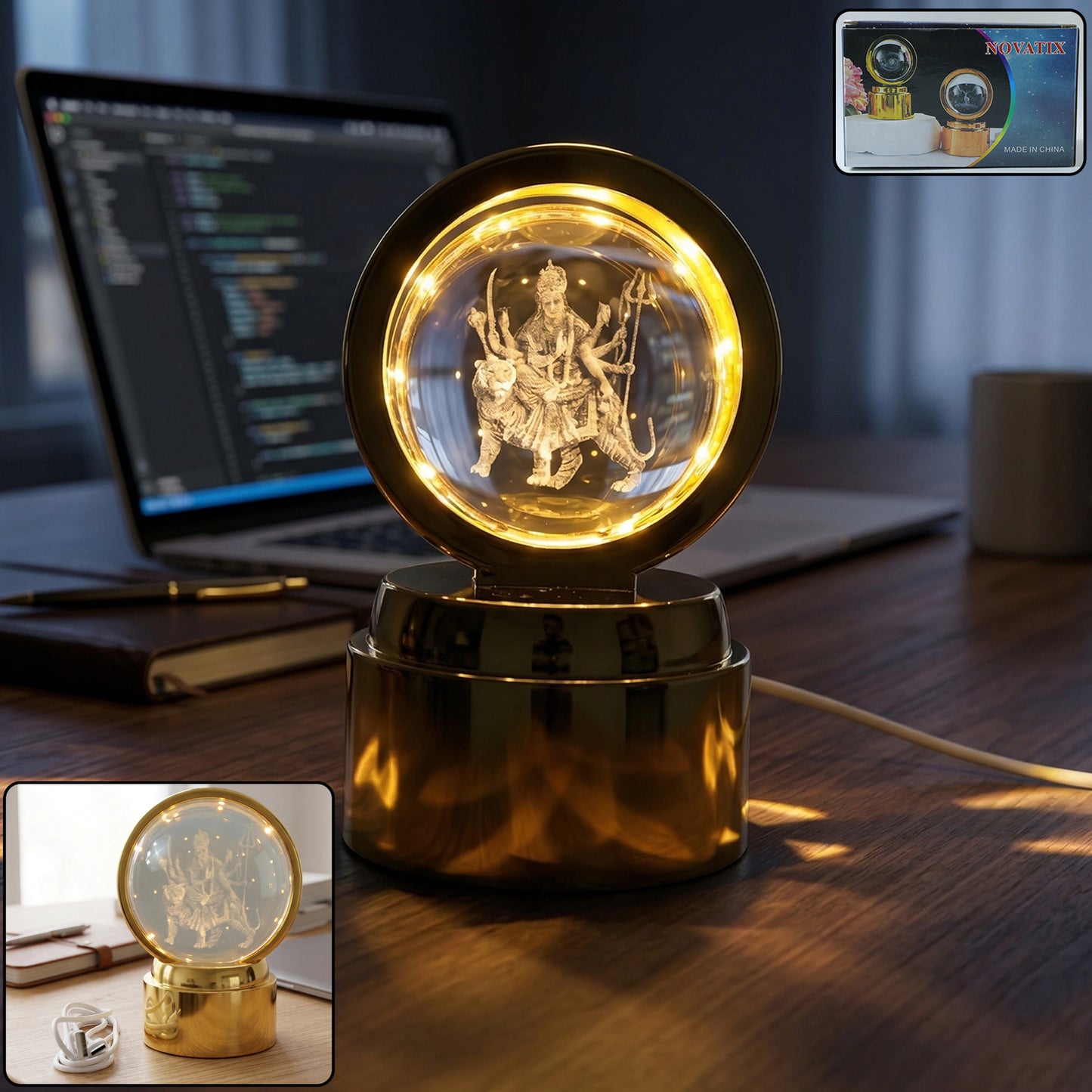 Wukusy 3D crystal ball LED night lamp featuring a goddess design, illuminated with colorful LED lights, decorative and artistic.