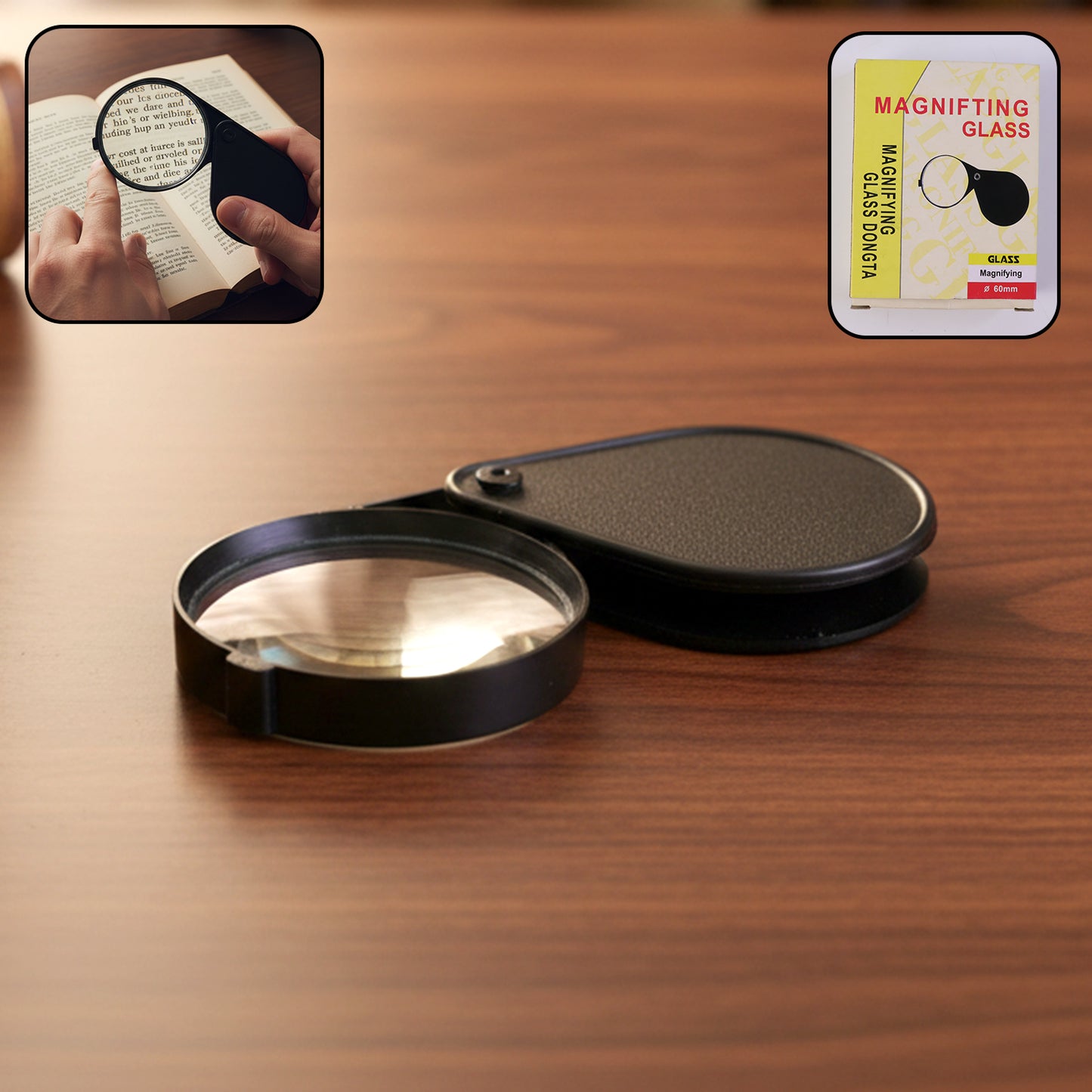 Wukusy portable handheld magnifying glass with a clear lens, compact design, ideal for reading and close-up inspection.