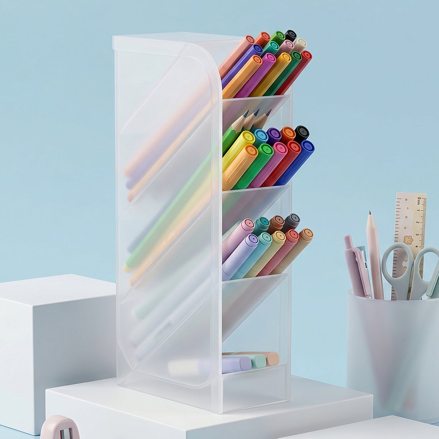 Wukusy plastic multi-storage holder for pens and markers, compact organizational container with multiple compartments