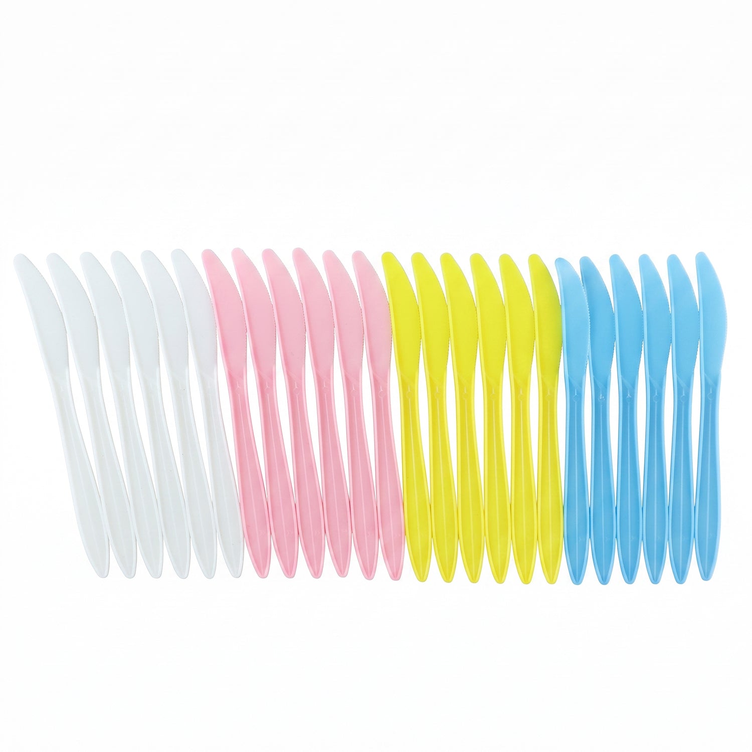 Set of 24 reusable multicolor plastic dessert knives by Wukusy, perfect for parties and gatherings.