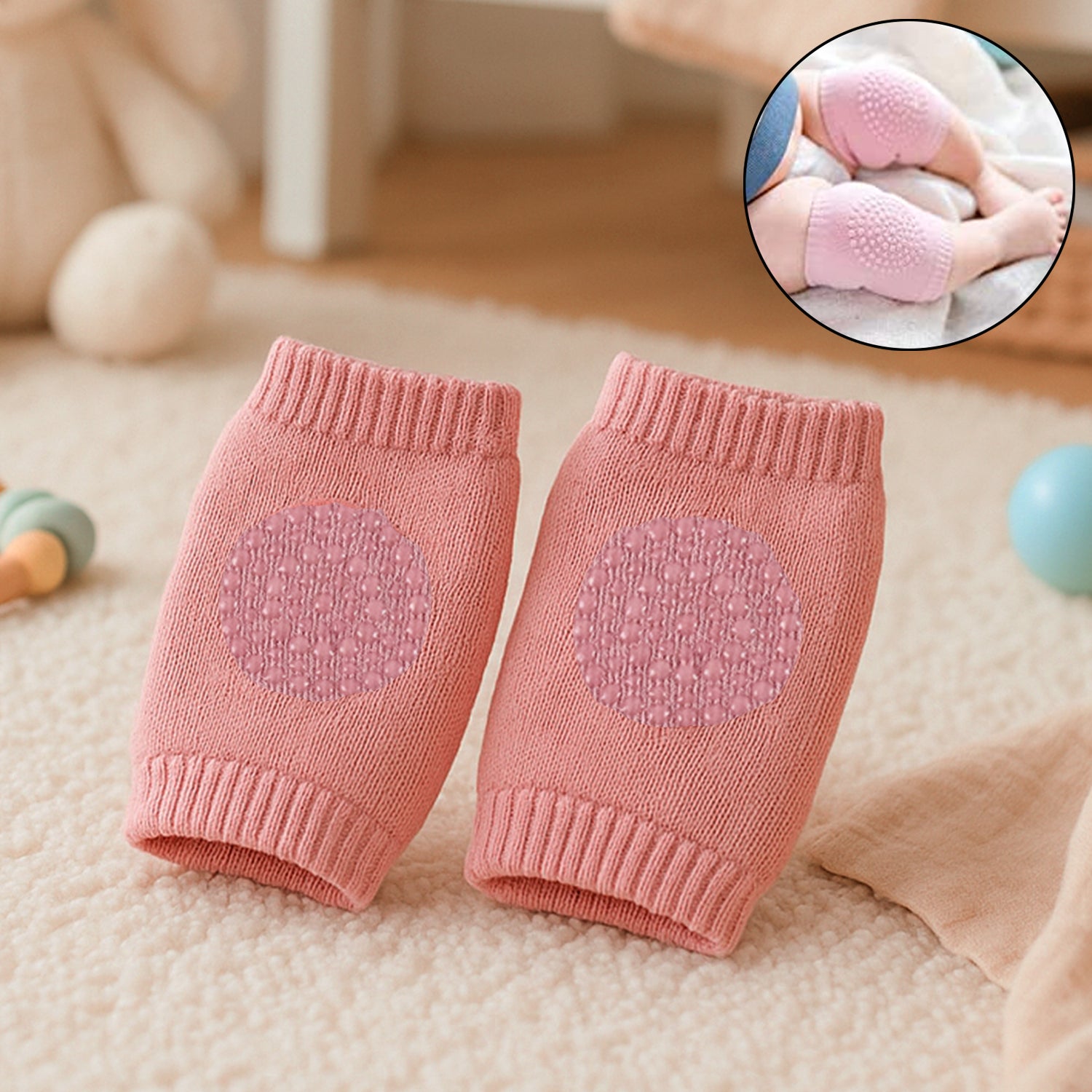 Pink toddler wool knit leg warmer with knee guard, soft baby care accessory from Wukusy, suitable for keeping little legs warm and protected.