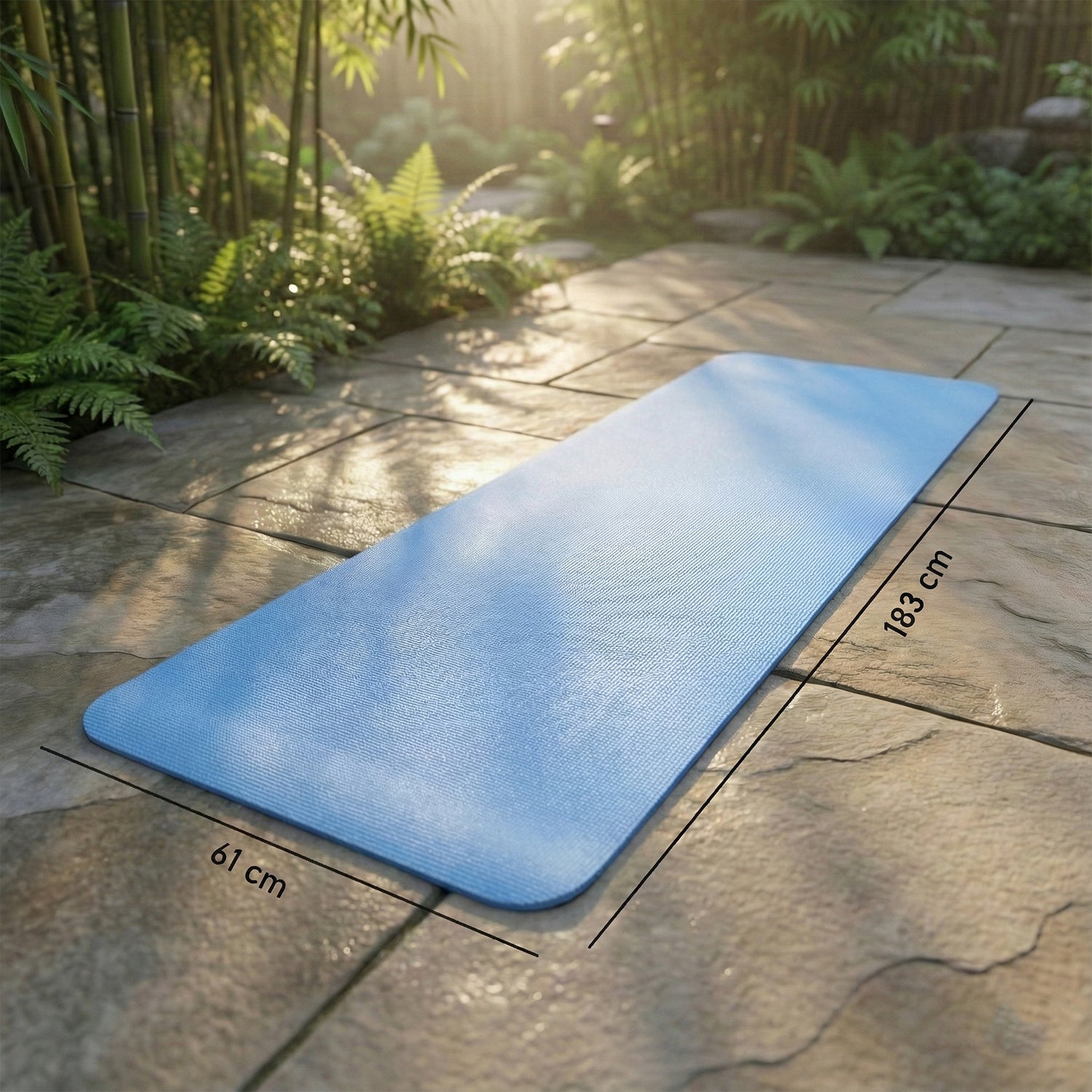 Wukusy premium non-slip yoga mat laid out on a wooden floor, ideal for home and gym workouts, with textured surface for grip.