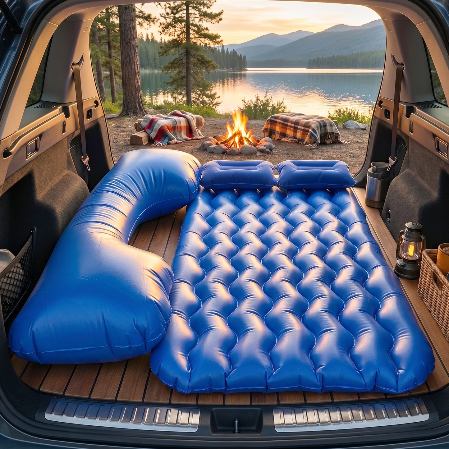 Wukusy car air mattress bed set with inflatable headrest, designed for travel relaxation and comfort during road trips
