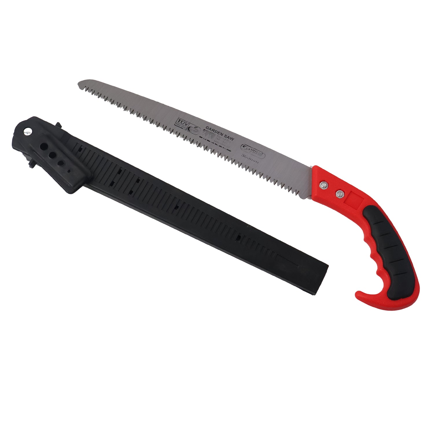 Wukusy heavy-duty 300mm manual garden pruning saw with sharp blade for trimming branches and shrubs, shown in close-up.