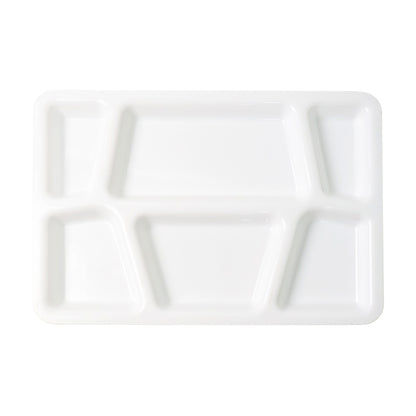 White plastic multi-compartment rectangular meal serving tray with several sections, ideal for organized food presentation.