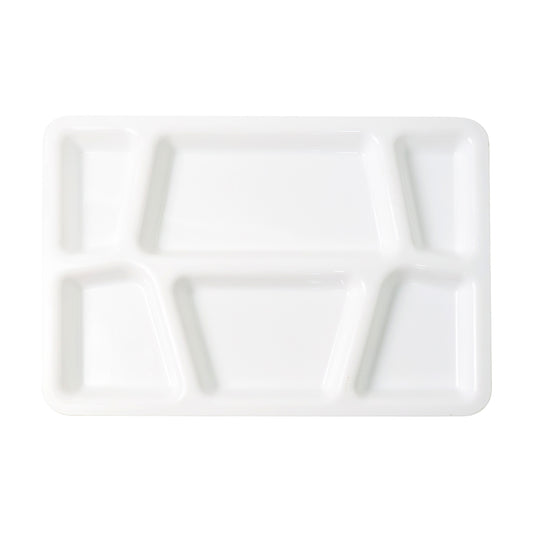 White plastic multi-compartment rectangular meal serving tray with several sections, ideal for organized food presentation.