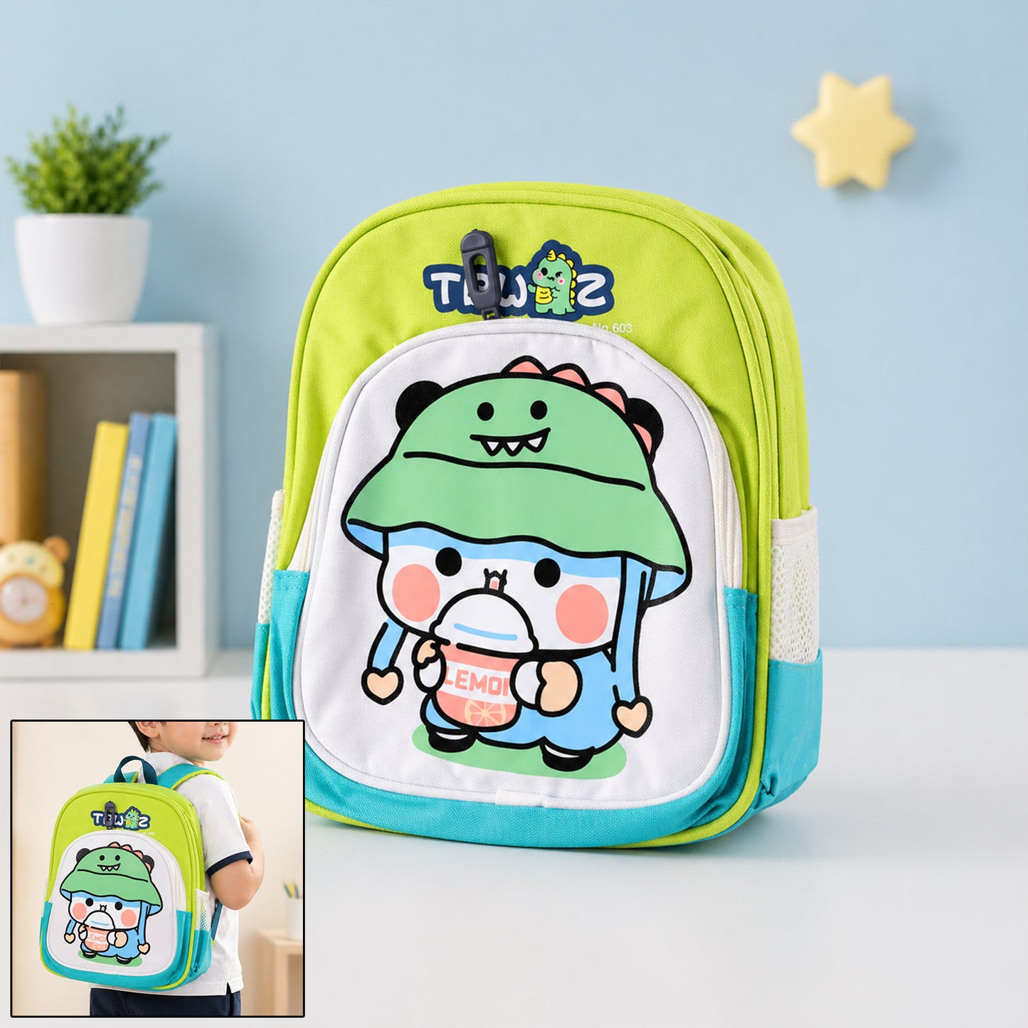Colorful cartoon printed kids sling backpack by Wukusy, lightweight school bag with adjustable strap, 28x23 cm.