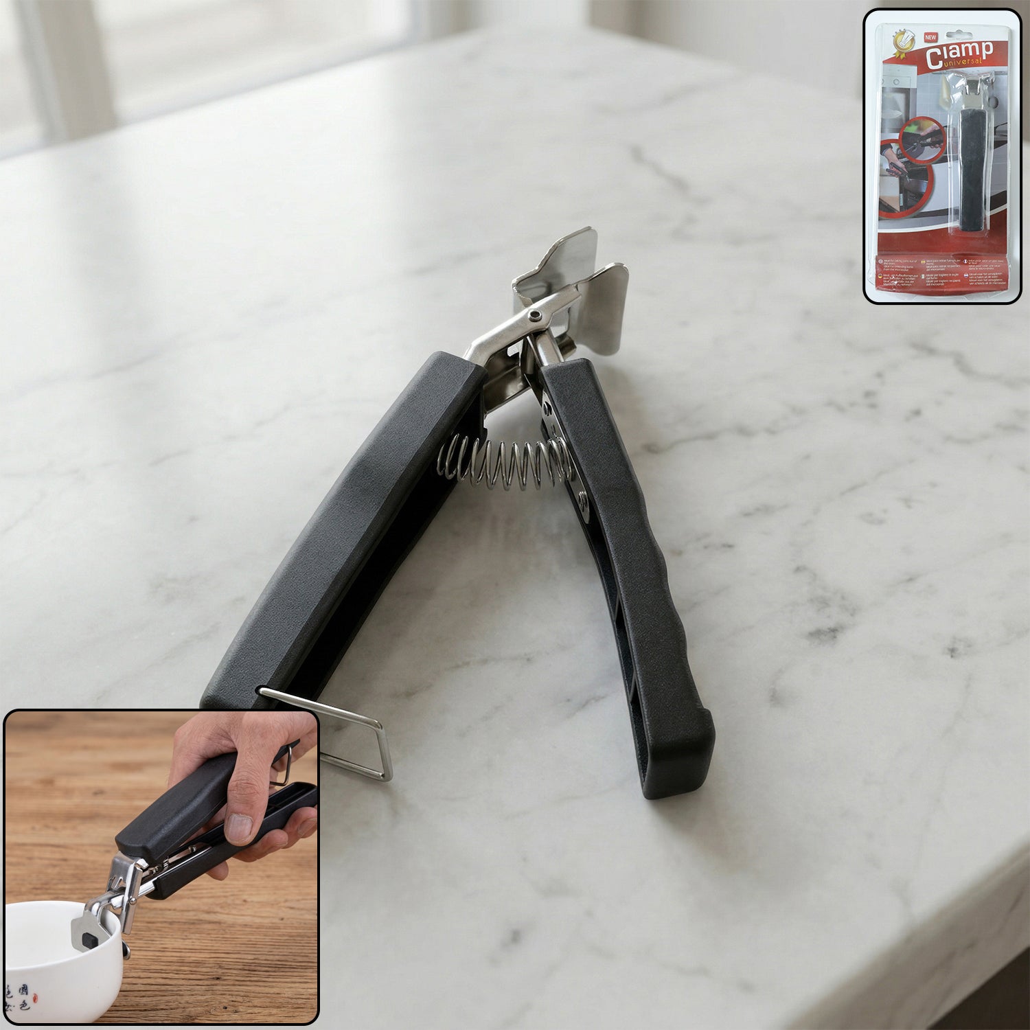 Wukusy heavy-duty universal pot and pan gripper clamp, shown gripping a large cookware handle for secure lifting and handling.