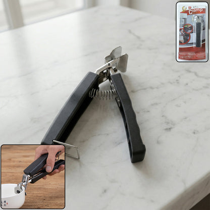 Wukusy heavy-duty universal pot and pan gripper clamp, shown gripping a large cookware handle for secure lifting and handling.