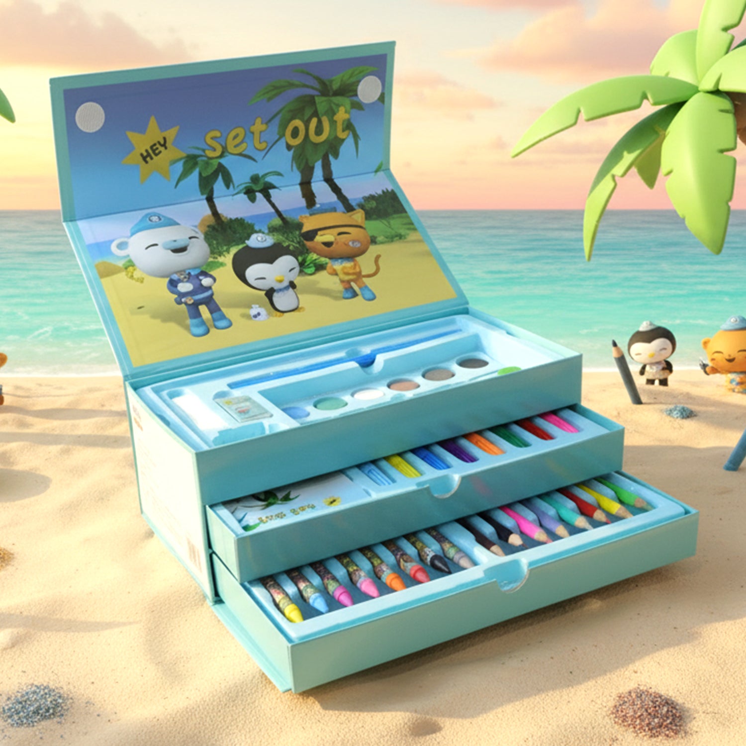 Drawing kit box for kids with colorful tools and supplies by Wukusy, featuring crayons, markers, and drawing accessories.