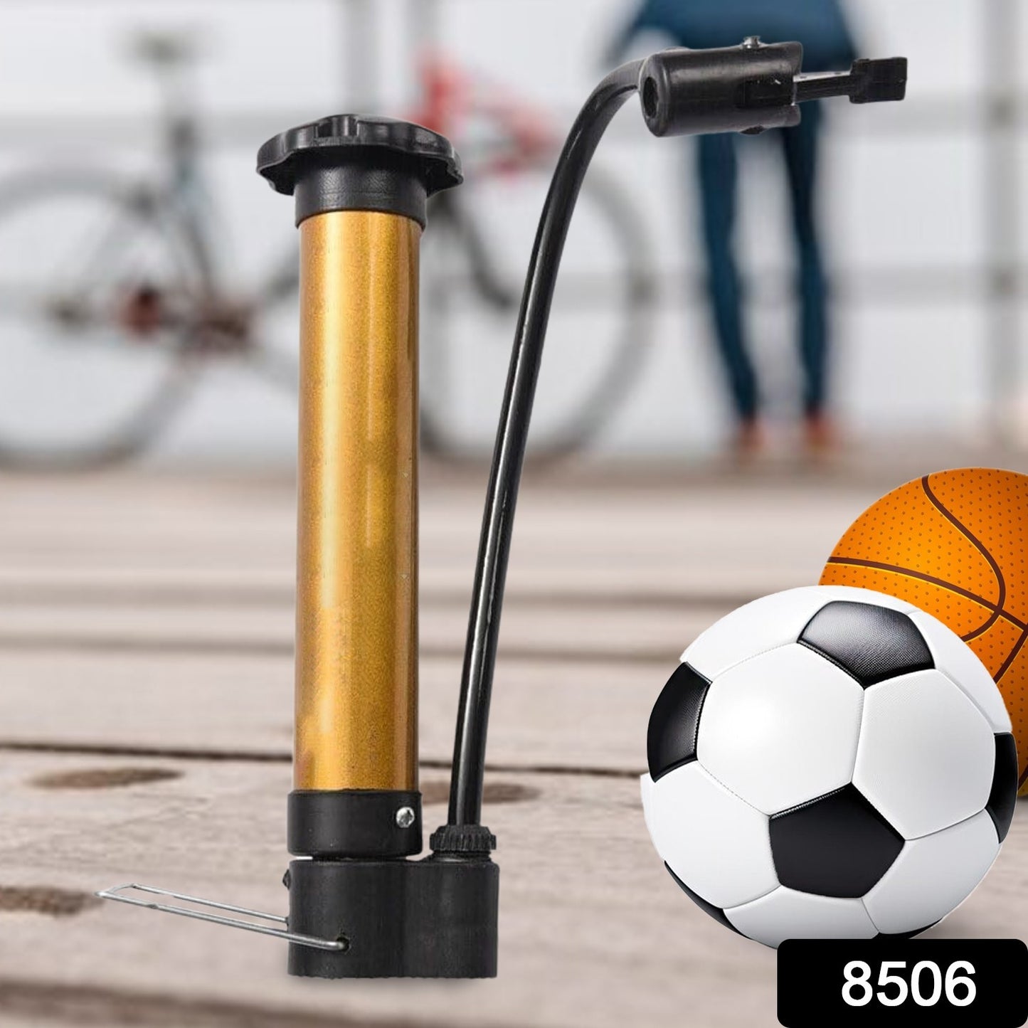 Wukusy 8506 hand air ball pump, portable metal mini inflator for basketball, soccer, volleyball, football, and sports balls.