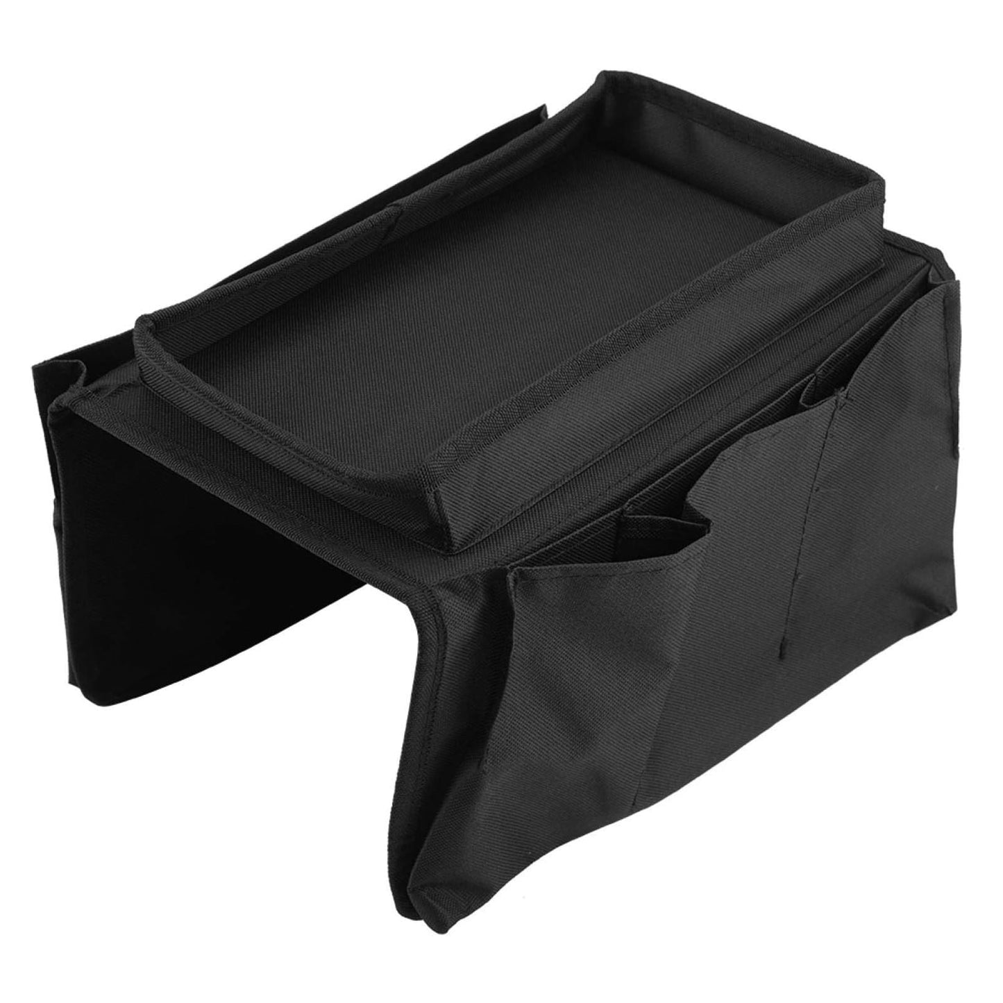 Black Wukusy sofa arm rest hanging storage bag for magazines, books, and iPads, ideal for organizing living room essentials.