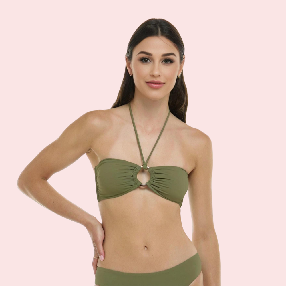 Snazzyway Olive Chic O-Ring Convertible Bandeau Bikini Top in olive green with stylish O-ring detail, shown on a flat surface