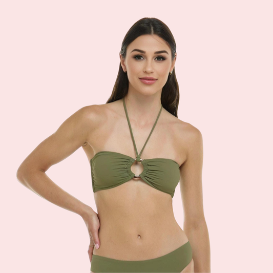 Snazzyway Olive Chic O-Ring Convertible Bandeau Bikini Top in olive green with stylish O-ring detail, shown on a flat surface