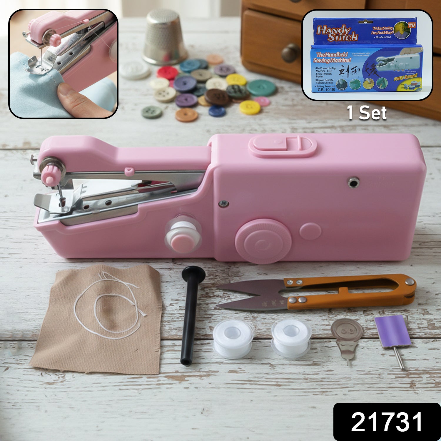 Portable Wukusy handheld sewing machine set with compact design, featuring control buttons and built-in thread spool for easy sewing.