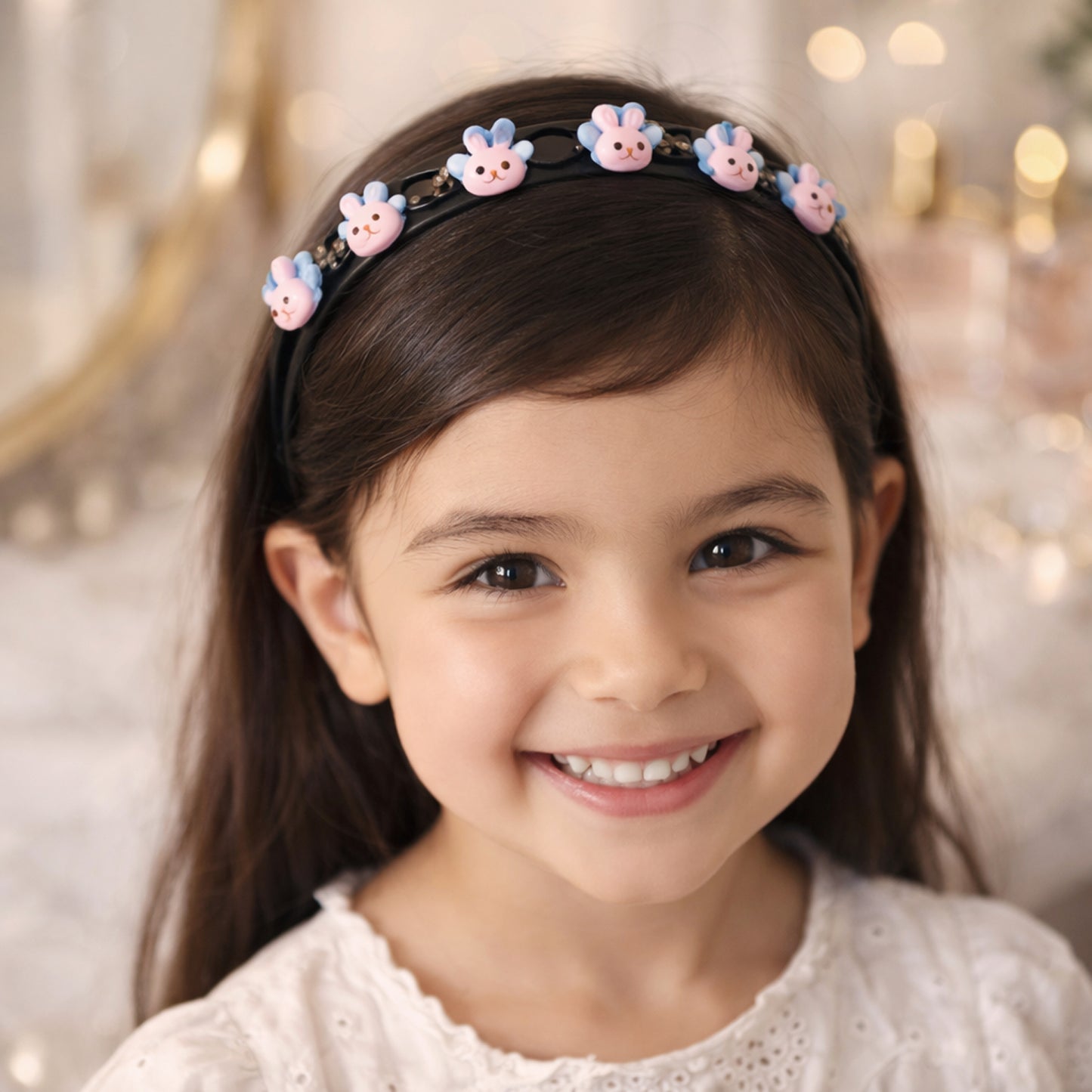 Cute cartoon bunny design kids hair band by Wukusy with adorable bunny face and colorful accents, perfect for children's hairstyles.