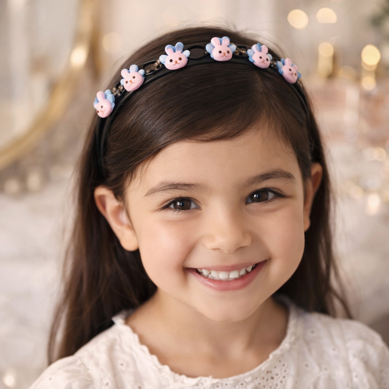 Cute cartoon bunny design kids hair band by Wukusy with adorable bunny face and colorful accents, perfect for children's hairstyles.