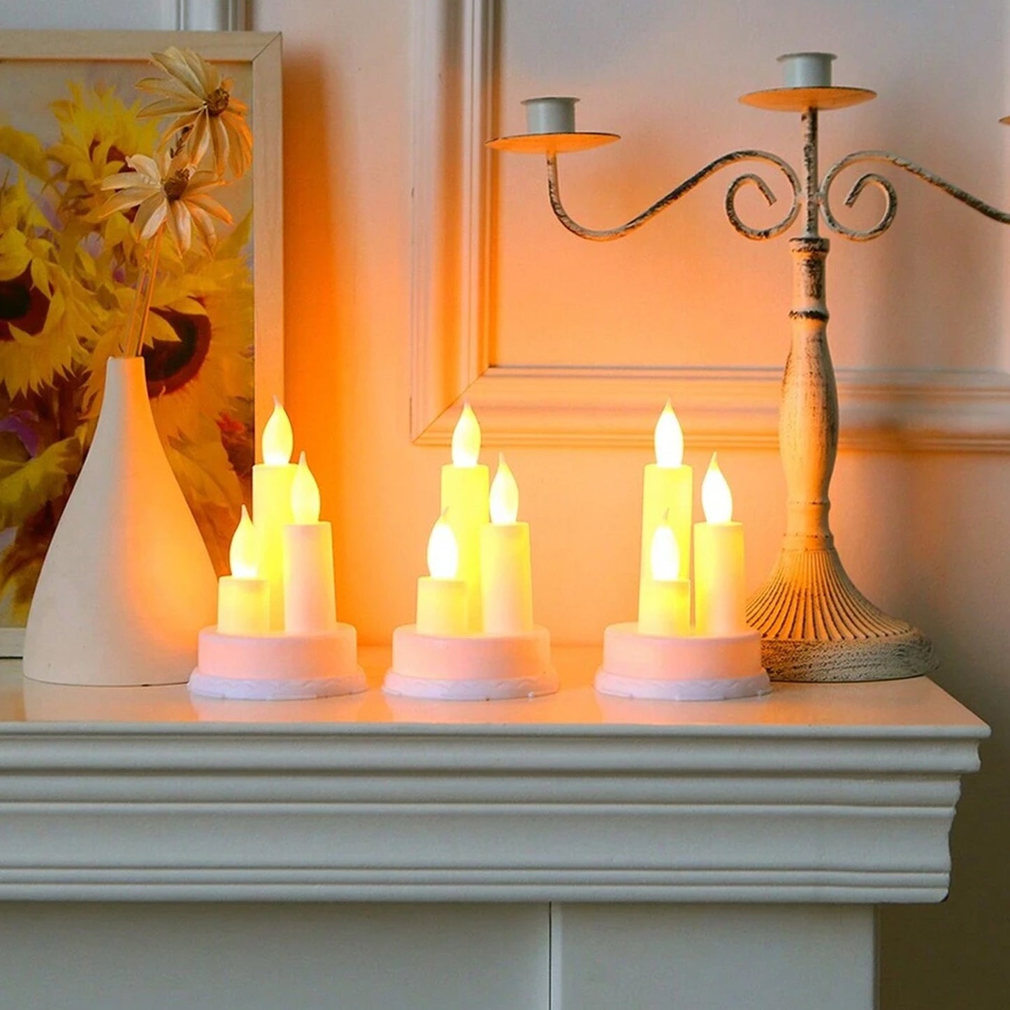 Wukusy LED taper candle in white, designed for home decor, showing a sleek, flickering light effect perfect for ambient lighting