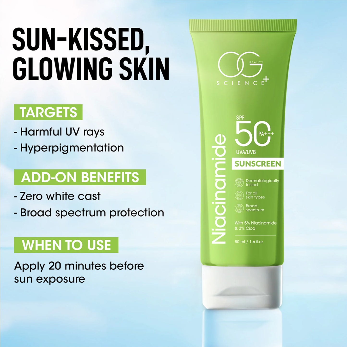 Wukusy OG Beauty Niacinamide Sunscreen SPF 50 PA+++ tube with white cap and orange label, showcasing sun protection ingredients.