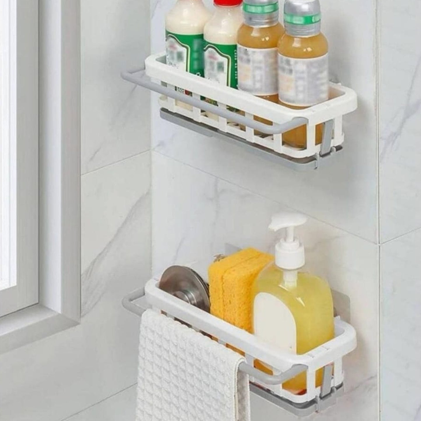 Wukusy multipurpose plastic hanging drain rack with adhesive hook and sponge holder for kitchen and bathroom organization.