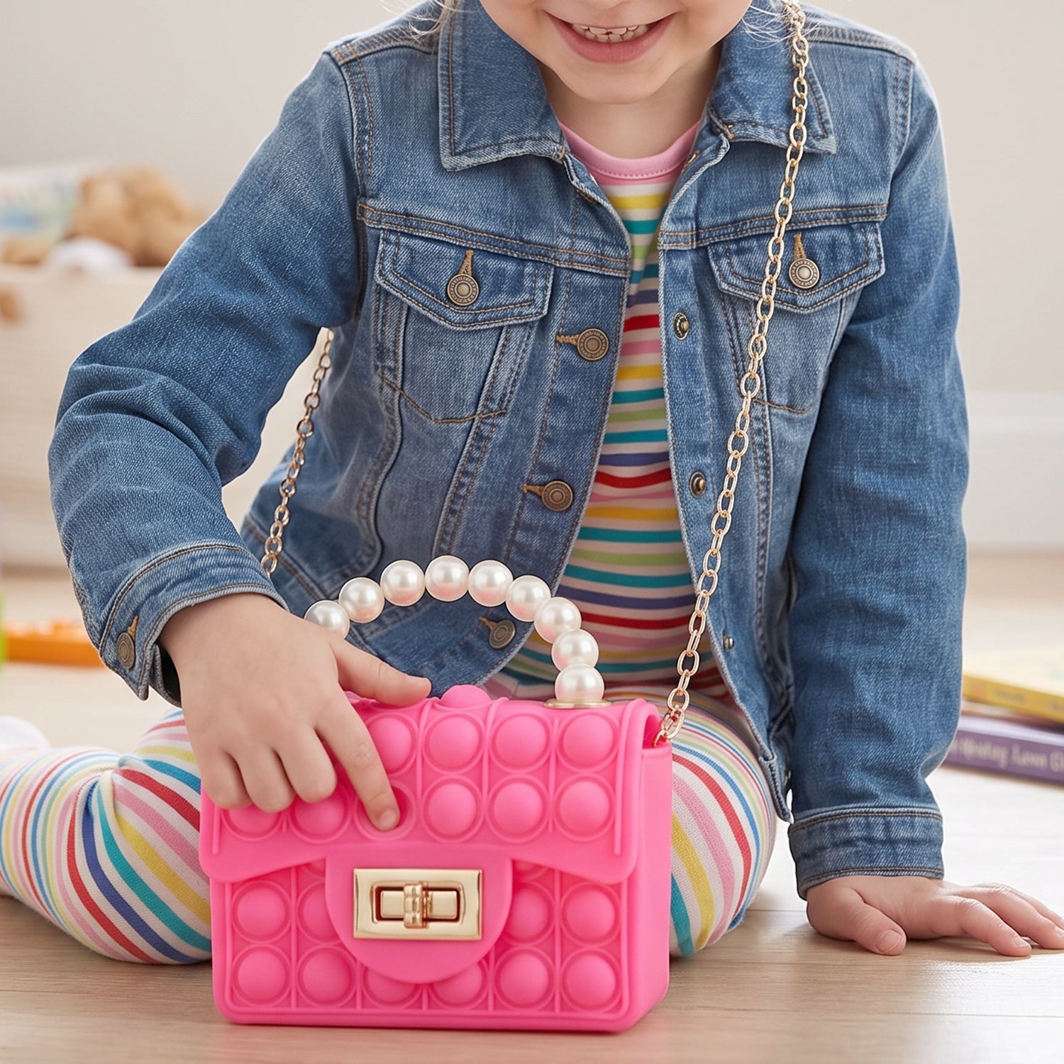 Kids Pop It fidget purse by Wukusy with silicone sling bag and pearl handle, featuring colorful pop it bubble toy for children.