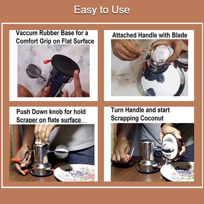 Wukusy manual coconut scraper machine with steel blades for home kitchen use, shown with stainless steel construction and handle.