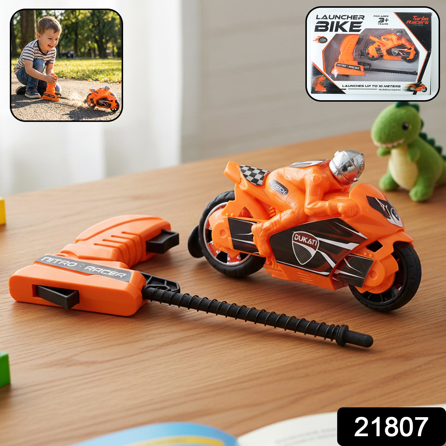 Wukusy launcher bike racing toy for kids with manual pull launcher, featuring colorful plastic bike and racing design.