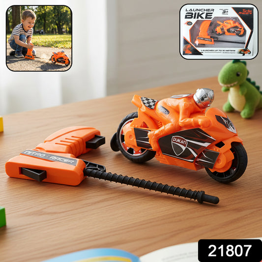 Wukusy launcher bike racing toy for kids with manual pull launcher, featuring colorful plastic bike and racing design.