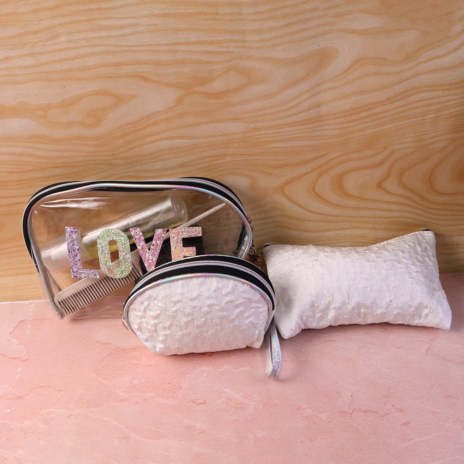 Wukusy 3-in-1 premium makeup bag set for travel with multiple compartments and sleek design for cosmetics and accessories.
