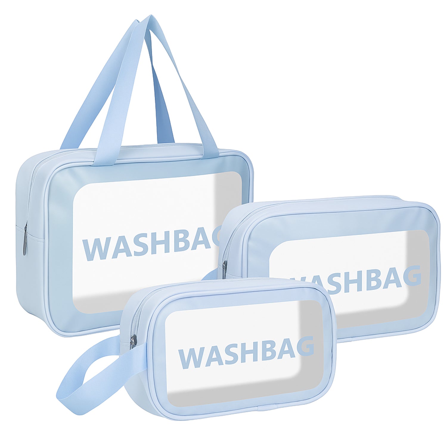 Transparent waterproof 3-in-1 travel toiletry bag set by Wukusy, featuring multiple compartments for toiletries and essentials.