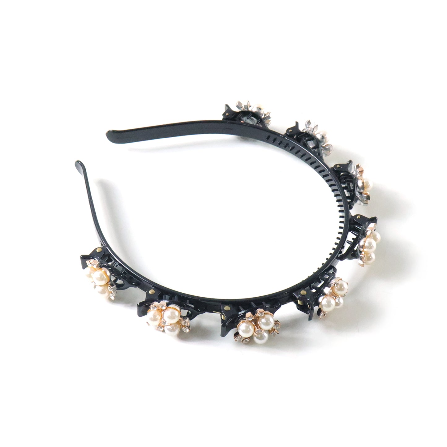 Pearl-embellished floral hairband for girls and women by Wukusy, featuring elegant flower design with pearl accents.