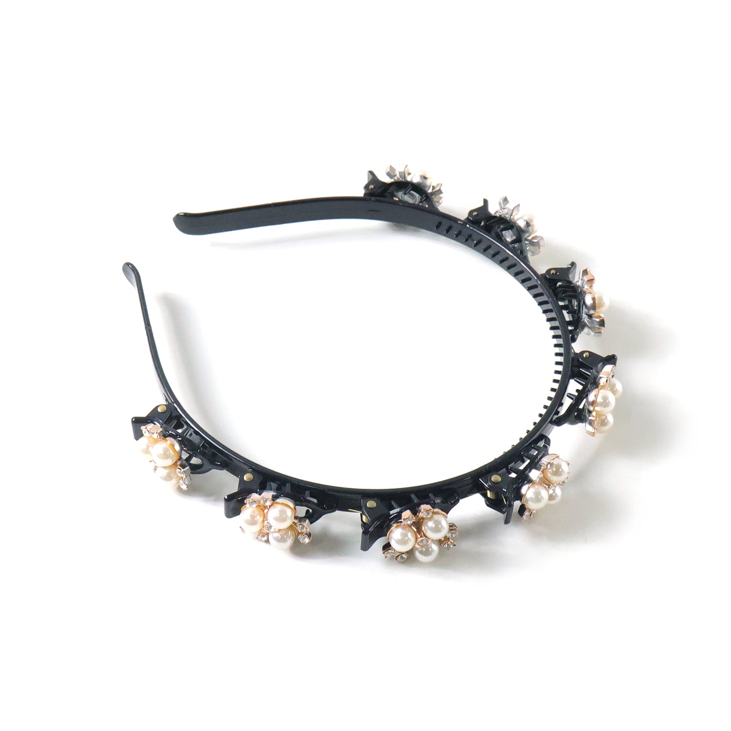 Pearl-embellished floral hairband for girls and women by Wukusy, featuring elegant flower design with pearl accents.