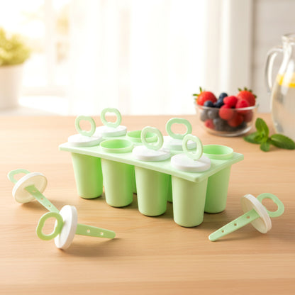 Wukusy Prexo plastic ice cream popsicle maker set with 8 colorful reusable molds and sticks on a white background.
