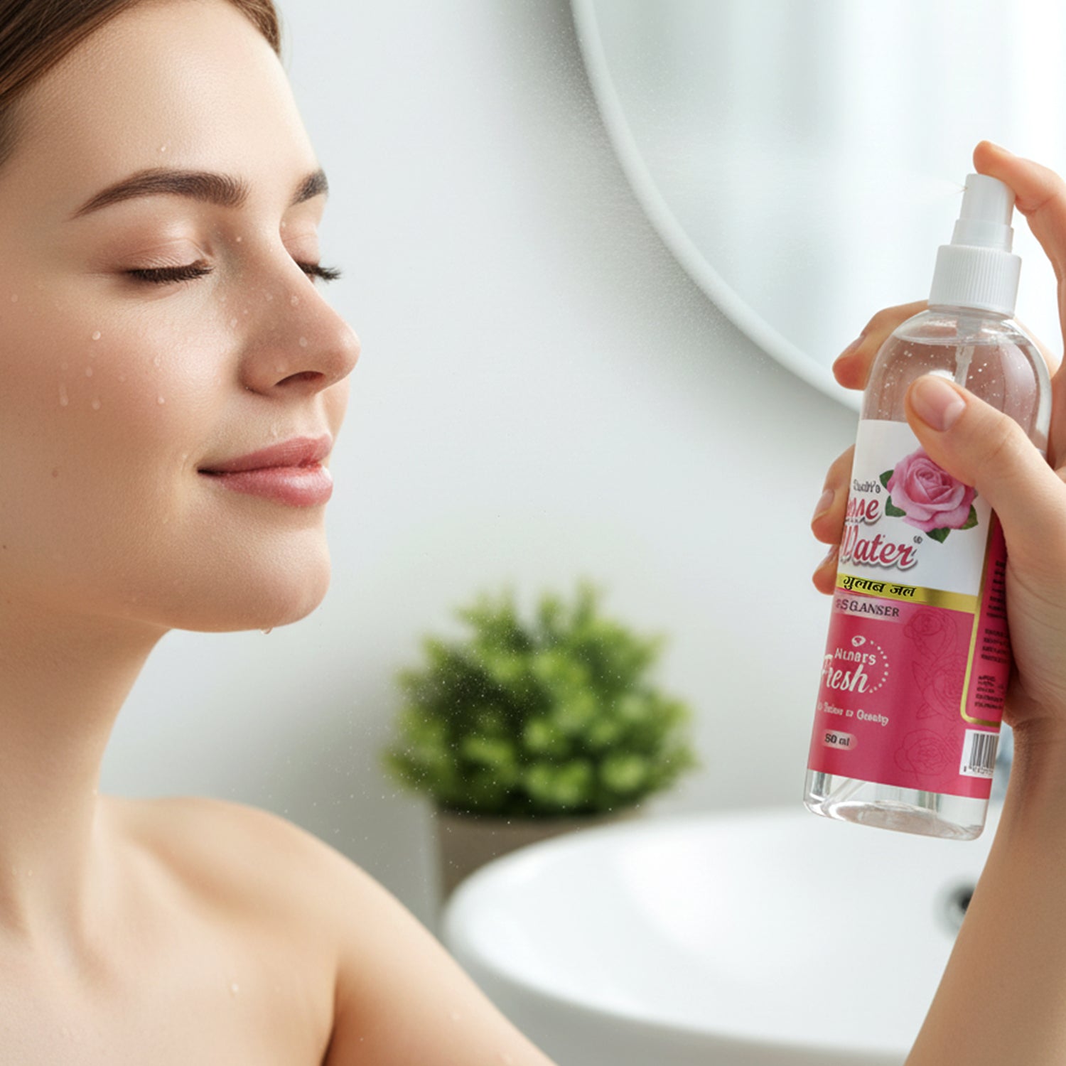 Wukusy Rose Water Face Cleanser spray bottle, 500ml, with clear label and spray nozzle for refreshing skincare.
