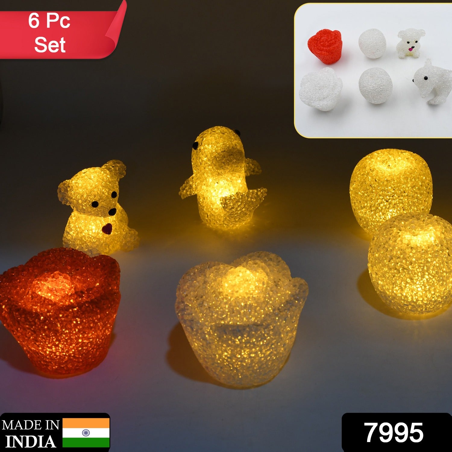 Set of six Wukusy multi-shape LED crystal night lights with small lamps, ideal for home decoration and ambient lighting.