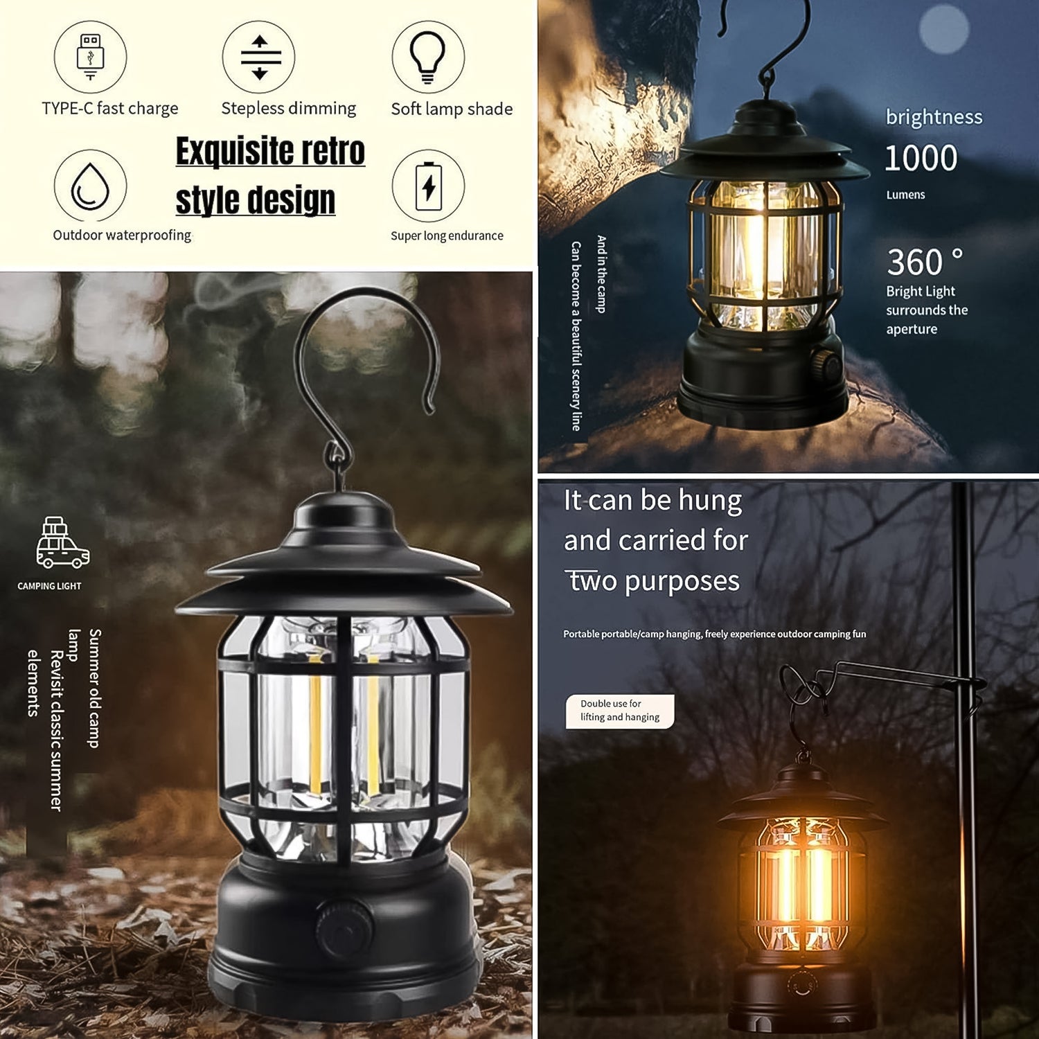 Wukusy LED camping light with retro design, rechargeable battery, and Type-C port, ideal for travel and outdoor lighting.
