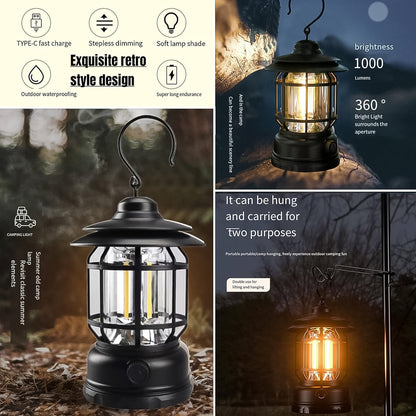 Wukusy LED camping light with retro design, rechargeable battery, and Type-C port, ideal for travel and outdoor lighting.