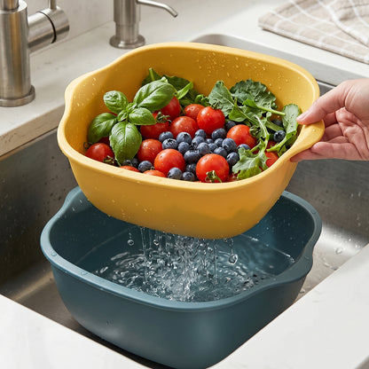 Wukusy 2-in-1 plastic washing bowl with drain basket, featuring a sturdy round design and integrated drain for easy laundry and cleaning.