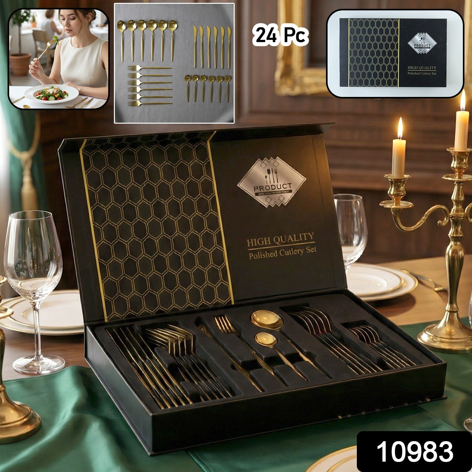 Wukusy premium gold finish stainless steel cutlery set with 24 pieces displayed in a luxurious gift box.