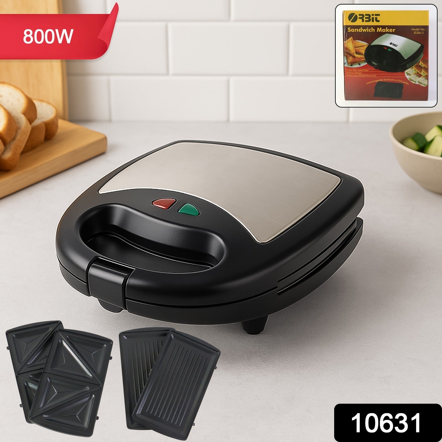 Wukusy Orbit sandwich maker with interchangeable plates on a kitchen counter, 800W home appliance for quick sandwich preparation