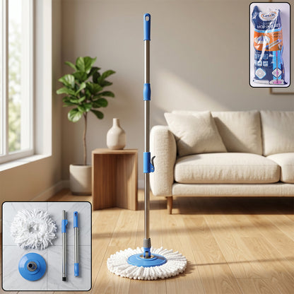 Wukusy 360-degree rotating spin mop set with ergonomic handle and microfiber cleaning pad for easy floor cleaning.