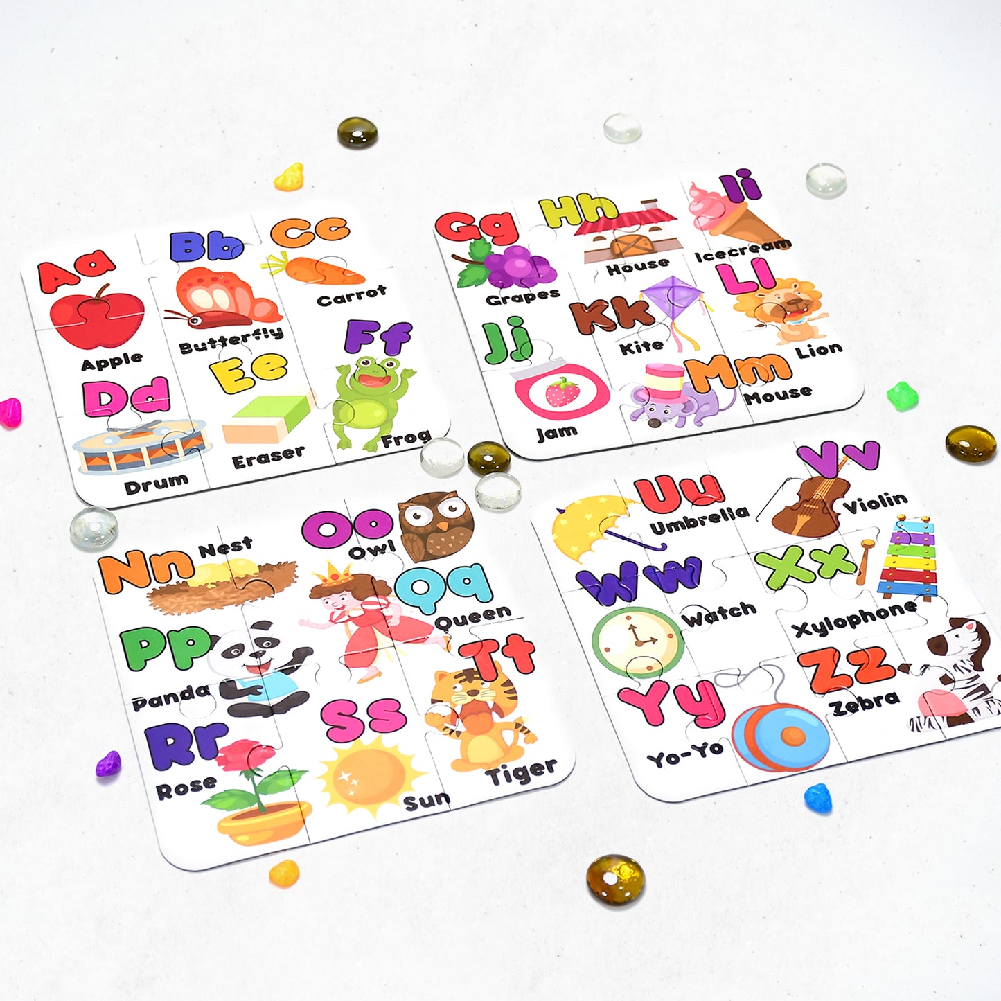 Wukusy 4052 Learning ABCD jigsaw puzzle toy pack for children featuring four colorful educational puzzle pieces.