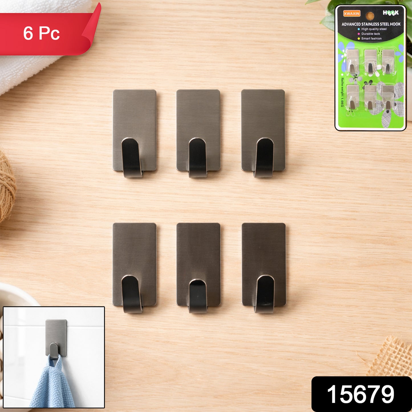 Set of six Wukusy self-adhesive wall hooks, shown on a wall, ideal for hanging lightweight items without nails or drilling.