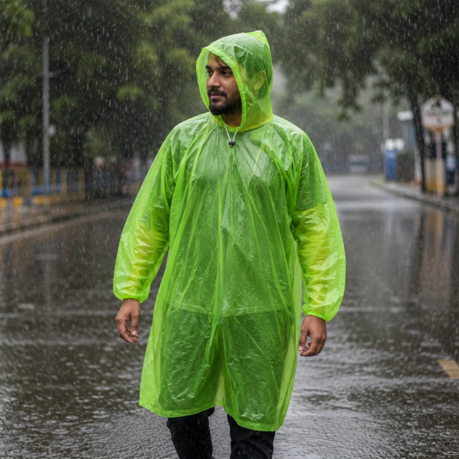 Wukusy waterproof hooded rain poncho for men and women, long raincoat with adjustable hood, suitable for wet weather outdoor use