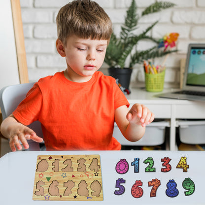 Wooden number puzzle educational toy by Wukusy, featuring colorful numbers for learning and stacking on a wooden board.