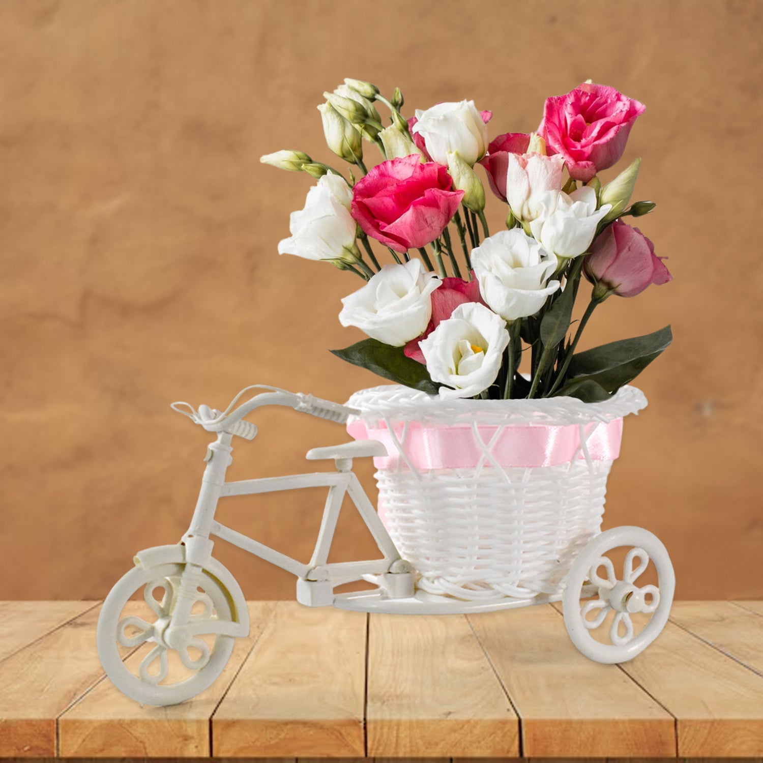 Plastic bicycle-shaped flower vase stand by Wukusy, ideal for home decor, featuring a bicycle design for holding flowers.