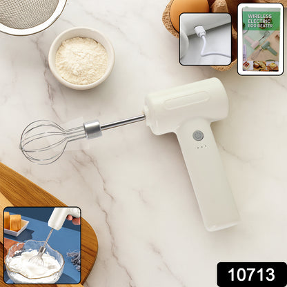 Wukusy cordless electric whisk and egg beater with ergonomic handle, ready for mixing eggs and batter in a kitchen setting.